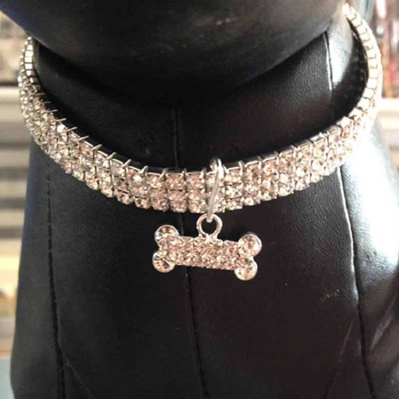 Dog Collar Pink Bone Zircon Rhinestone Crystal Princess Style Shining Chihuahua Bull Cat Blue Accessories | Дом и сад