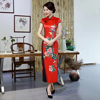 

RED Chinese Style Female Dress Oversize XXXL Traditional Print Flower Qipao Vintage Satin Stage Show Cheongsam Slim Vestidos