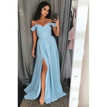 Simple Light Sky Blue Long Prom Dresses 2019 New Split Side Floor Length Off The Shoulder Formal Evening Dress Party Gowns
