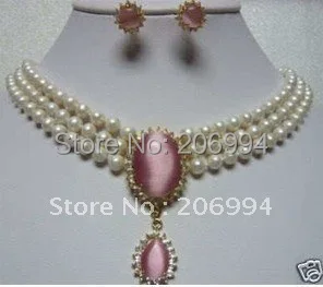 

Fashion Jewelry Set white freshwater pearl pink opal necklace earring set