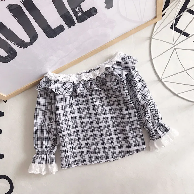 

Hurave Kids Long Sleeve Casual blouses lace work Baby Girls Spring Autumn slash neck Children Plaid ruffles Shirt Clothes