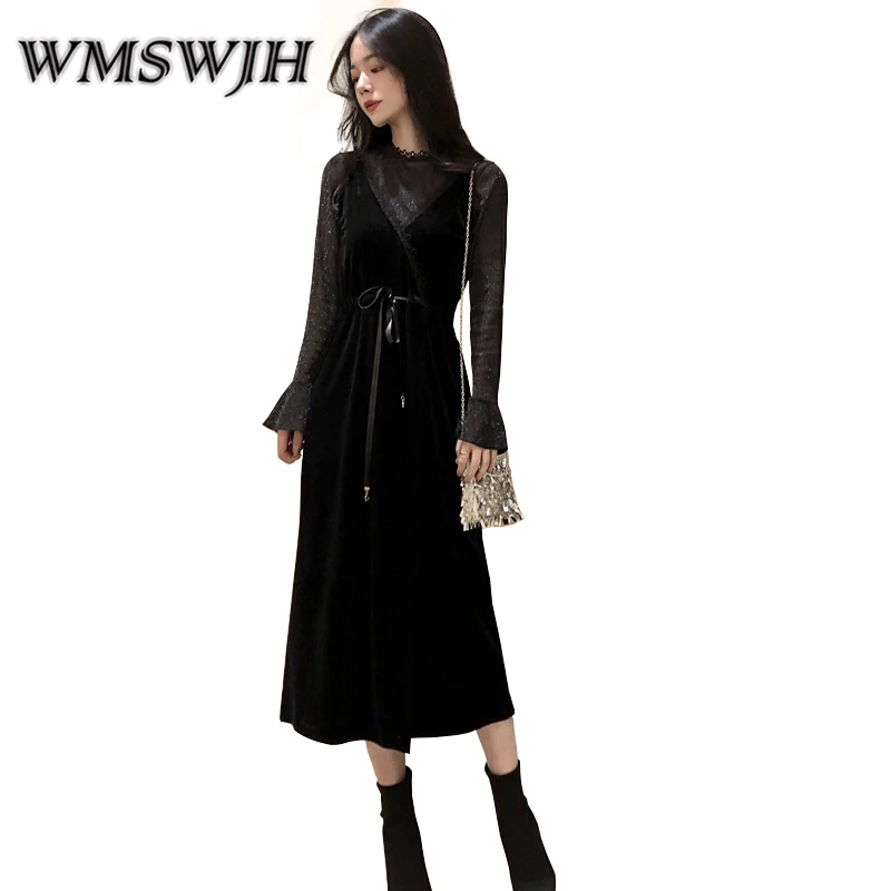 

Wmswjh Spring Women 2 Piece Set Dress 2019 Black Bright Silk Long Flare Sleeve Tops + Gold velvet Spaghetti Strap Dress Set A248