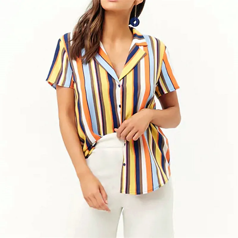 

2019 New Arrived Fashion Women Blouse Short Sleeve Print Summer Woman Tops V-neck Chiffon Blouses Slim Fit Office Lady Blusas