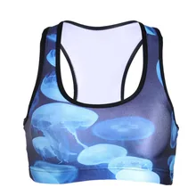 Женские синие медузы печати Фитнес короткий жилет тренировки беспроволочное нижнее белье Бесшовные стрейч майка хип-хоп мягкие бюстгальтеры