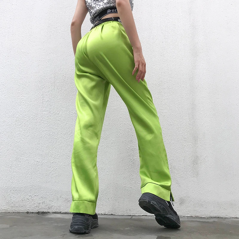 Неоновые зеленые брюки с высокой талией женские Мешковатые атласные Брюки с карманами Harajuku прямые женские брюки капри уличная одежда cuteandpsycho