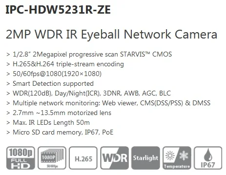 IPC-HDW5231R-ZE 2MP WDR камера видеонаблюдения IR IP камера 2,7 мм-13,5 мм Моторизованный объектив Starlight сетевая камера Замена IPC-HDW5231R-Z