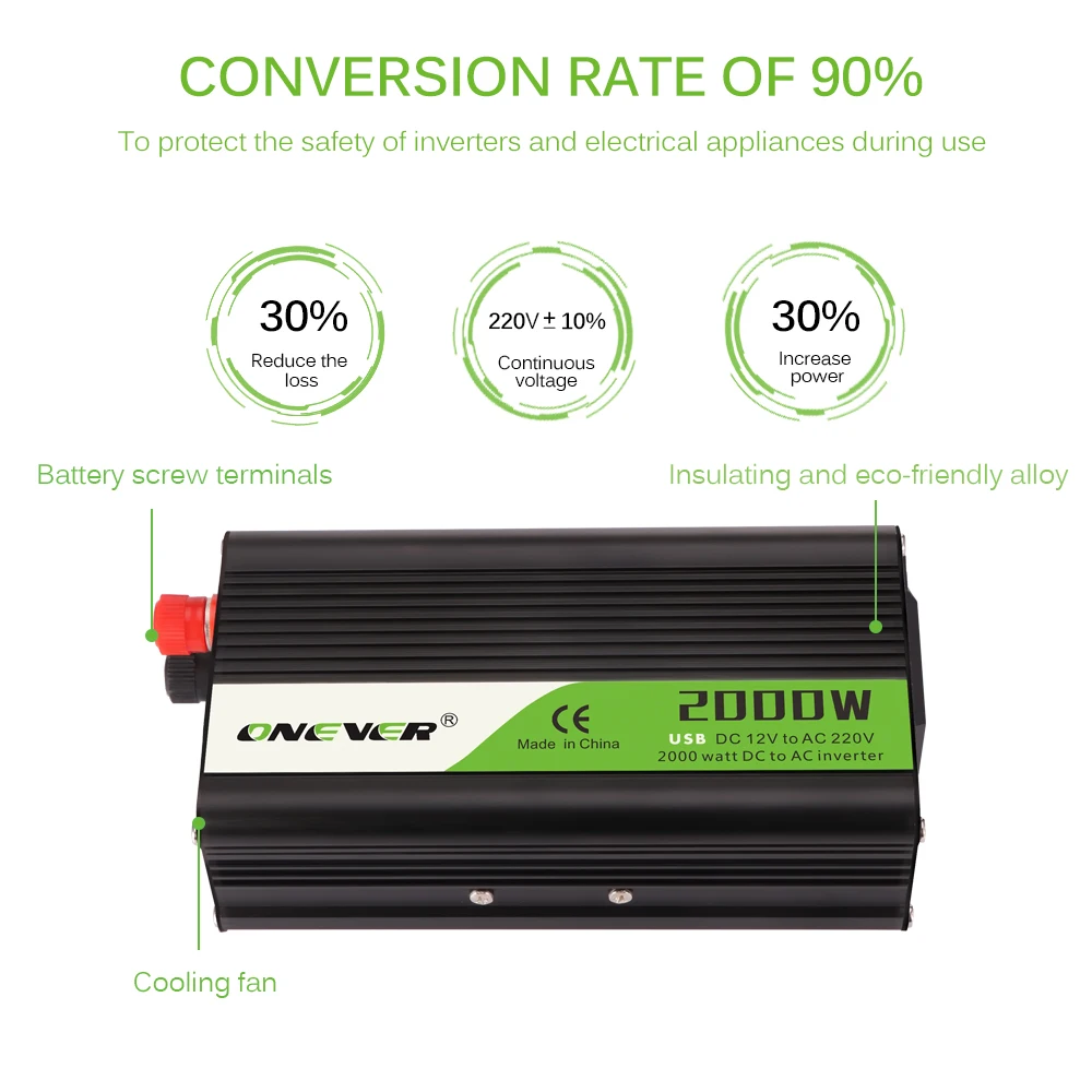 

DC 12V To AC 220V Power Inverters Converter Car Voltage Converter With DC 5V 2.1A USB Charger Adapter 2000W Car Inverter