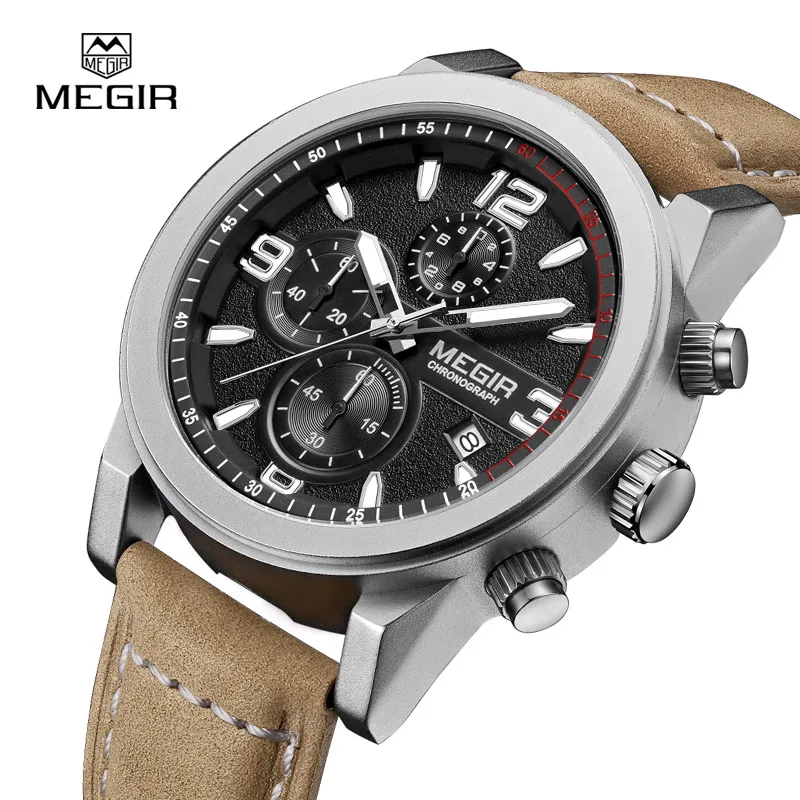 Megir Fashion Mens Chronograph Leather Strap Quartz watches with Luminous Needles Casual Luxury Calendar Wristwatch for