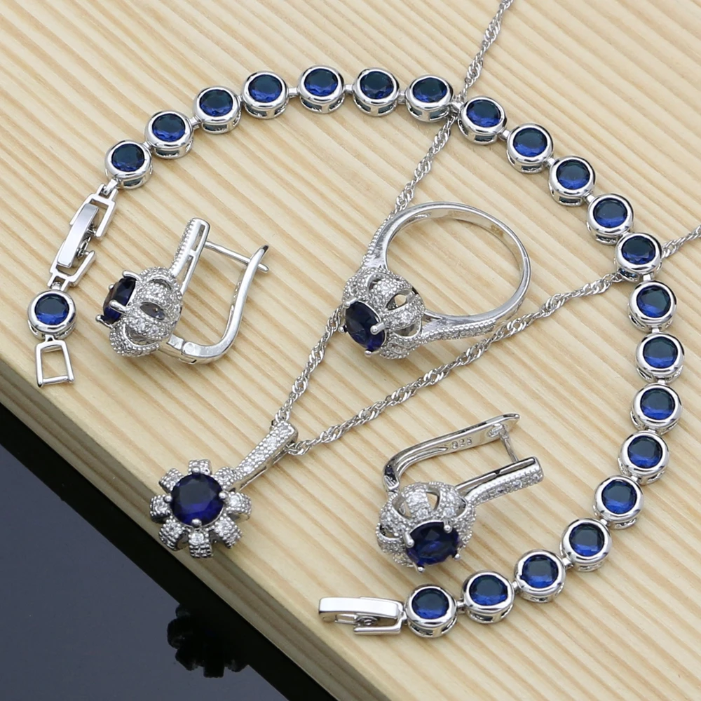 

Blue Cubic Zirconia 925 Silver Bridal Jewelry Sets Docoration For Women Wedding Earrings Rings Dropshipping Necklace Set