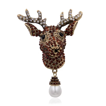 Lucky Christmas Elk Brooch Pin Crystal Rhinestone Animal Teardrop Pearl Vintage Jewelry Accessory Gift