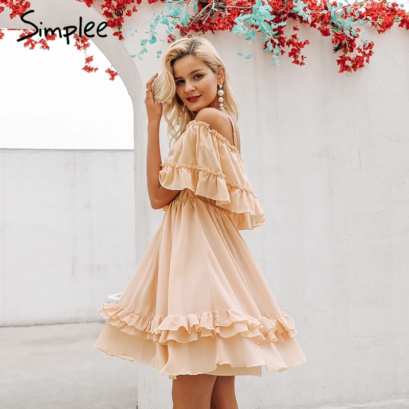 Simplee أنيقة كشكش معطلة الكتف المرأة اللباس السباغيتي حزام الشيفون الصيف فساتين عارضة عطلة الإناث الوردي قصيرة فستان الشمس