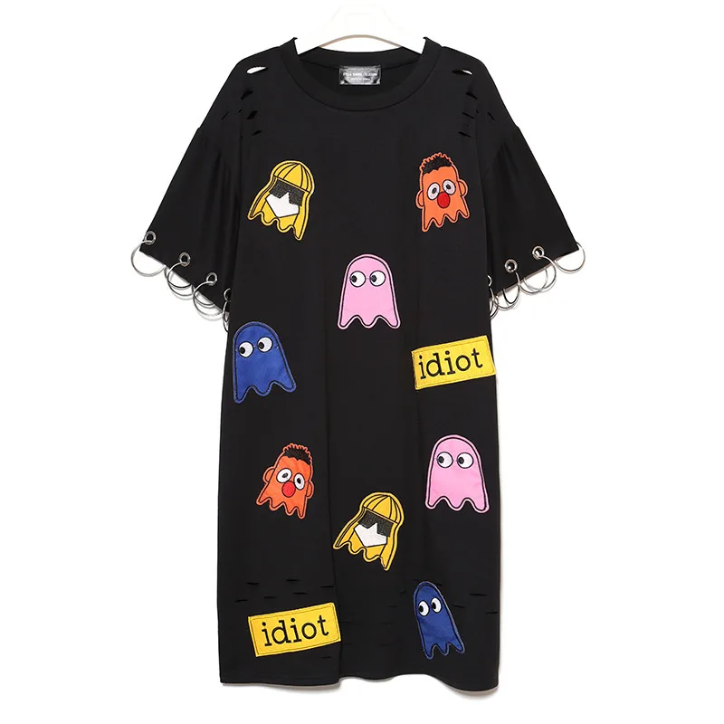 Buy Cheap 2017 Summer Dress Cartoon Image O-neck Metal Sleeve Holes Hollow Out Leisure Time Dress Summer