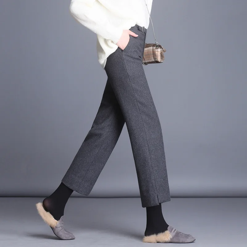 Elegant Autumn Winter Wool Women's Straight Pants Office Ladies Wool Warm Pant Plus Size Mid