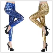 Новое поступление, леггинсы в стиле панк-рок, с металлическими отверстиями, яркая кожа, чешуя Русалки, эластичная резинка на талии, черный/синий/Золотой/Серебряный