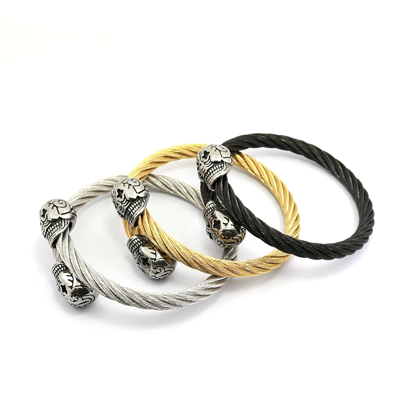 Men's Elastic Stainless Steel Twisted Cable Skull Bracelet Silver Tone 