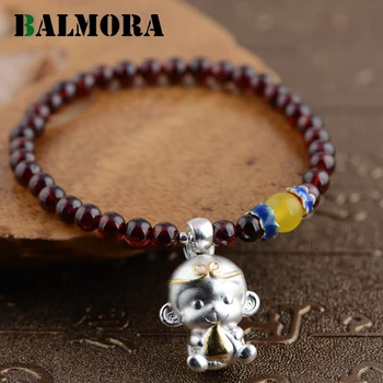 

BALMORA Genuine 999 Pure Silver Jewelry Red Garnet Beads Monkey Bracelets for Women Girls Gift About 15cm Long Esposas WBH0040