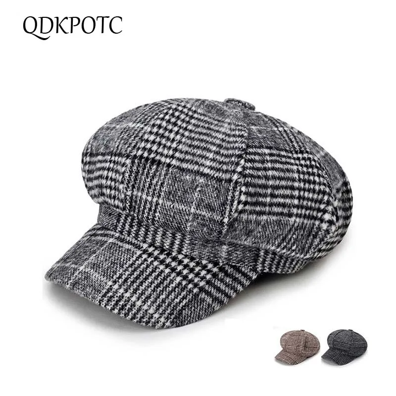 

QDKPOTC 2018 New Fashion Retro Wool Blend Newsboy Cap High Quality Beret Plaid Octagonal Hat for Men Women Cap