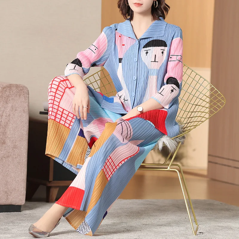 

Plus Size Pant Suits 2019 Women Loose Printed Miyake Pleats Spring Summer Two Piece Set Top and pants for women weight 45-75kg
