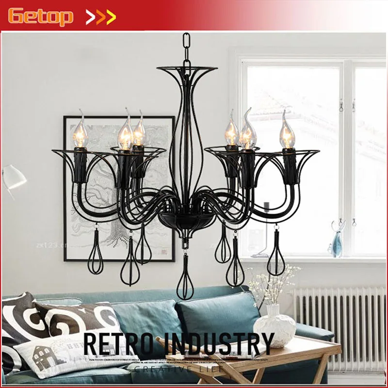 

American Retro Iron Candle LED Chandelier Industrial Unbreakable E14*6 Bulbs for Bar Restaurant Sitting Room Hanging Lights
