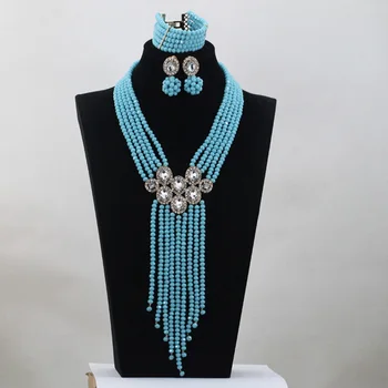 

Teal Blue Wedding Necklace for Brides 2017 Birthday Gift Set African Gold Accessories Jewelry New Free Shipping WD807