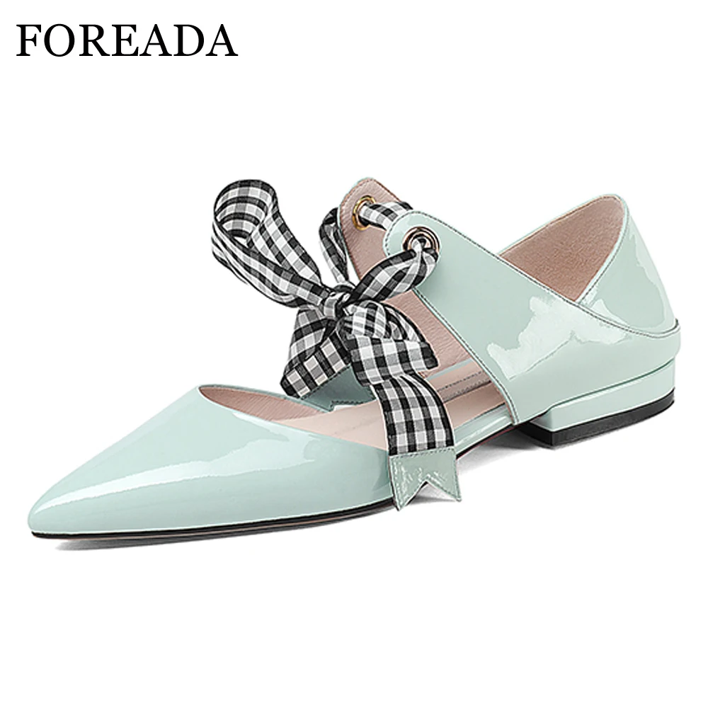

FOREADA Mary Janes Shoes Real Leather Flats Women Natural Genuine Leather Flat Shoes Bow Pointed Toe Shoes Ladies Spring Size 39