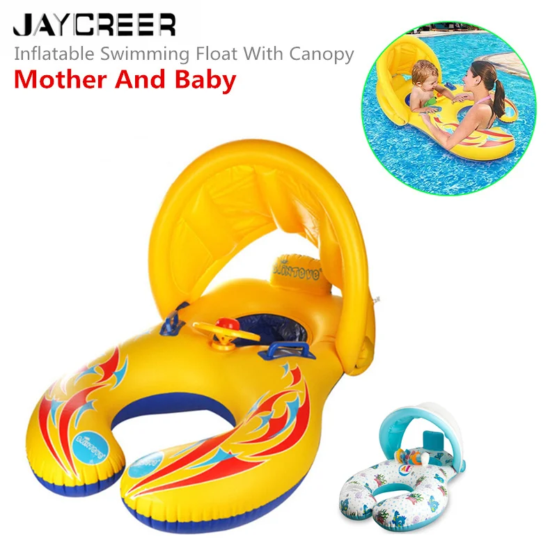 

JayCreer Mother Baby Inflatable Swim Float - Happytime Kid's Swimming Pool Boat with Sunshade Protection for Kids and Mon