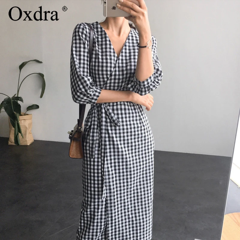 Oxdra клетчатое платье с v образным вырезом и коротким рукавом поясом женские
