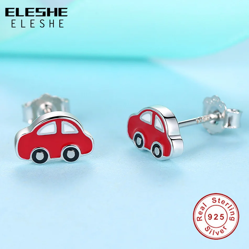 ELESHE Lovely 925 Sterling Sliver Red Enamel Toy Car Silver Stud Earrings for Women Children Boy Friend Fashion Jewelry Gift