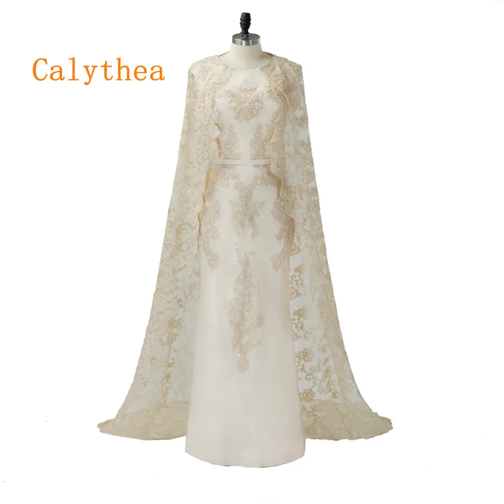 

New Arrival Plus Size Black Long Lace Evening Dress with cape 2019 Calythea Robe de soiree Elegant O-neck Party Gown Custom Size