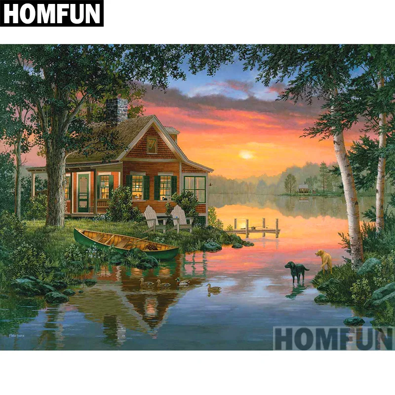Алмазная живопись HOMFUN A00791 полноразмерная/круглая вышивка 5D закат пейзаж