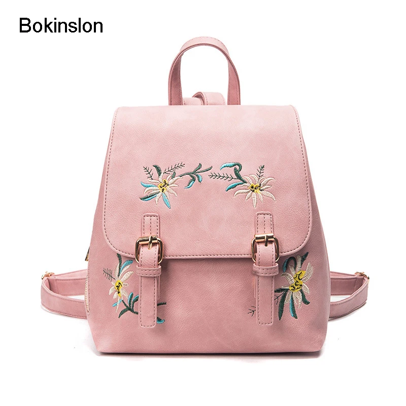 

Bokinslon Girls Backpacks Nation Wind PU Leather Woman Bags Fashion Flower Color Embroidery Bags Female Backpacks