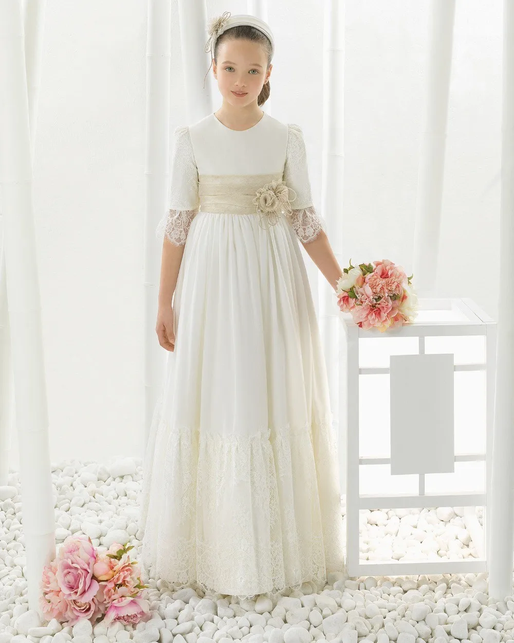 Шифоновое кружевное платье с рукавом три четверти для первого причастия для девочек; Платья с цветочным узором для девочек на свадьбу; пышные платья для девочек