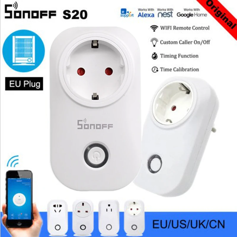 Sonoff S20 EU UK US AU Plug Wifi розетка переключатель беспроводное приложение Удаленная розетка переключатель синхронизации умный дом для Alexa Google