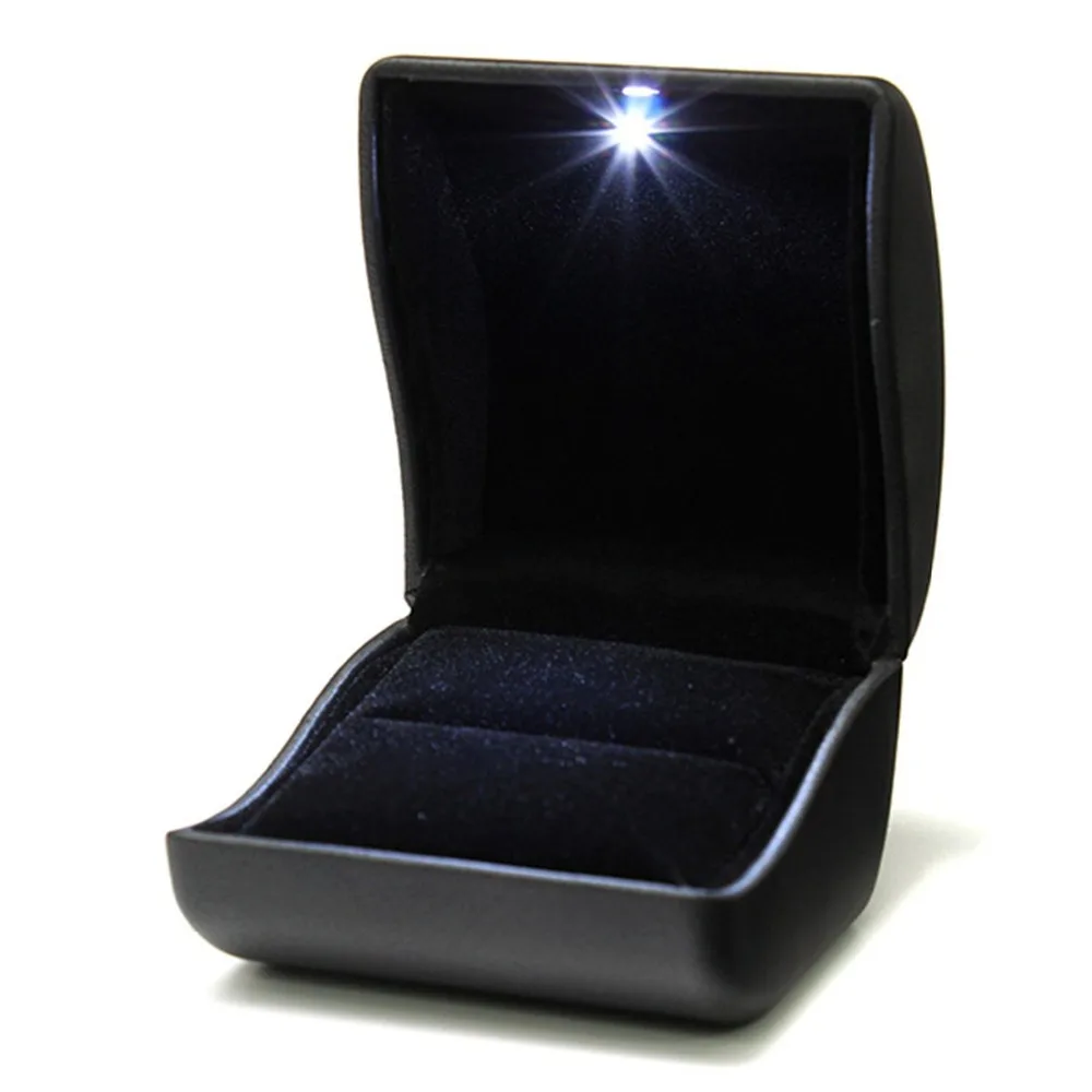 Black Color Leather With LED Light Jewelry Ring Box Velvet Jewelry