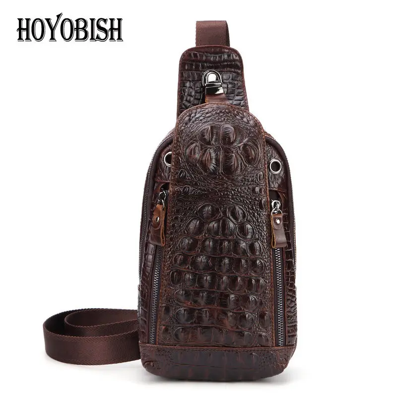 

HOYOBISH Genuine Leather Chest Bag For Men Alligator Cow Leather Male Messenger Bags Top Layer Oil Leather bolso hombre OH175