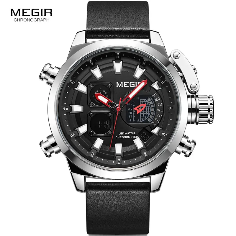 Preise MEGIR männer Sport Quarz Uhren Leder Strap Chronograph Luminous Armee Armbanduhr 2019 Neue Top Marke Uhr Relogios 2090 Schwarz