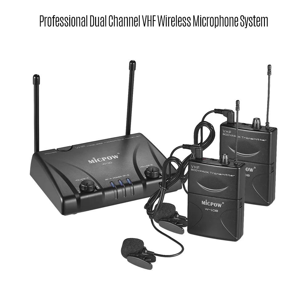Двухканальная VHF Беспроводная микрофонная система с 2 отворотами Lavalier микрофоны +