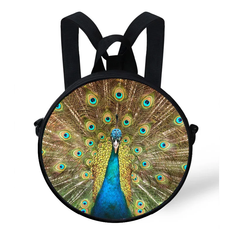 9 Inch Popular Animal Print Round Backpacks For Children Boys Peacock