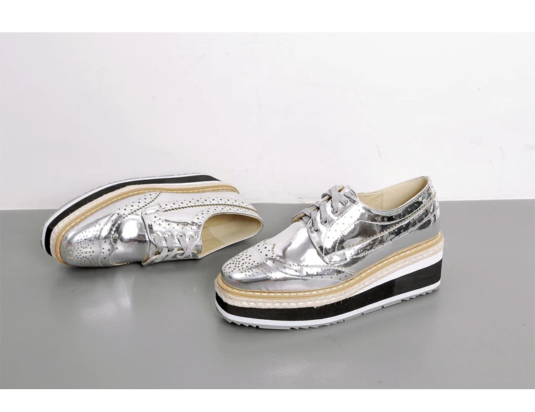 Women Platform Oxfords Brogue Flats Shoes Patent Leather Lace Up Square Toe Brand Female Footwear Shoes For Women Creepers Black (12)