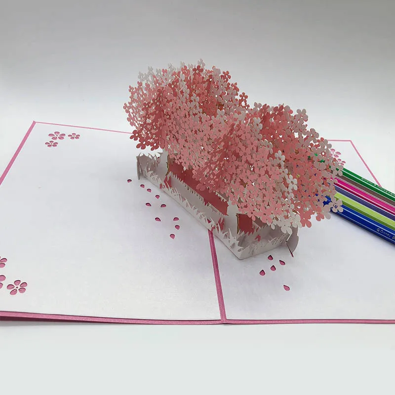 

1Pcs 3D Pop-up Paper Greeting Card folding type Romantic Valentine's Day Nice Gift Cherry Tree Shape Wedding Invitation Cards