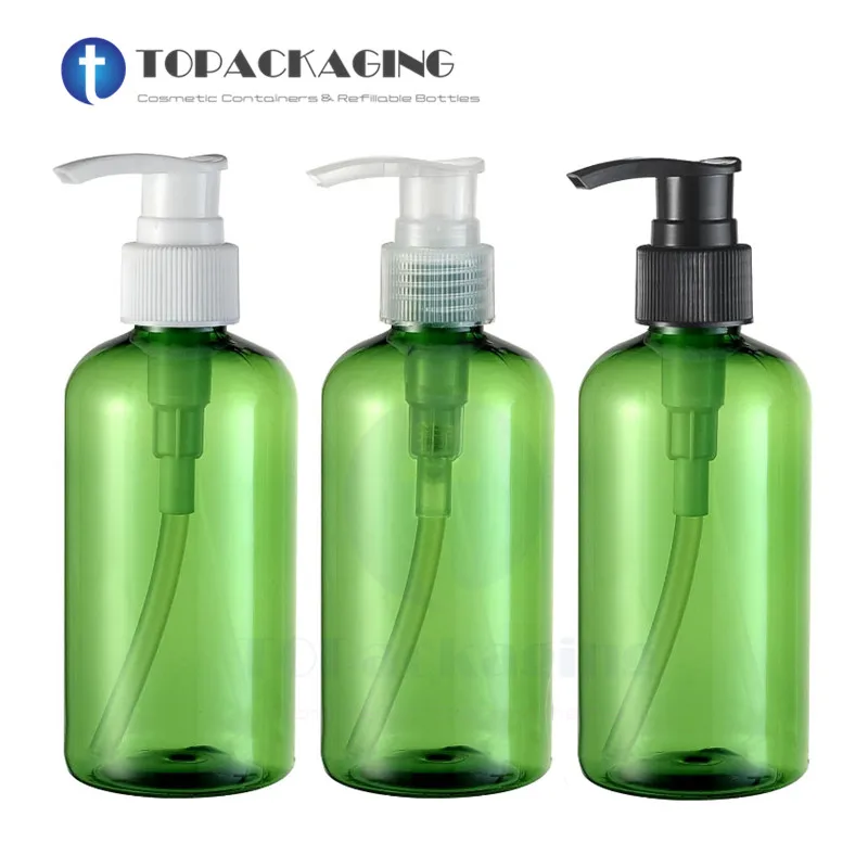 20PCS*220ML Lotion Pump Bottle Green Plastic Cosmetic Container Empty Shower Gel Essence Oil Refillble Packing Sample Shampoo