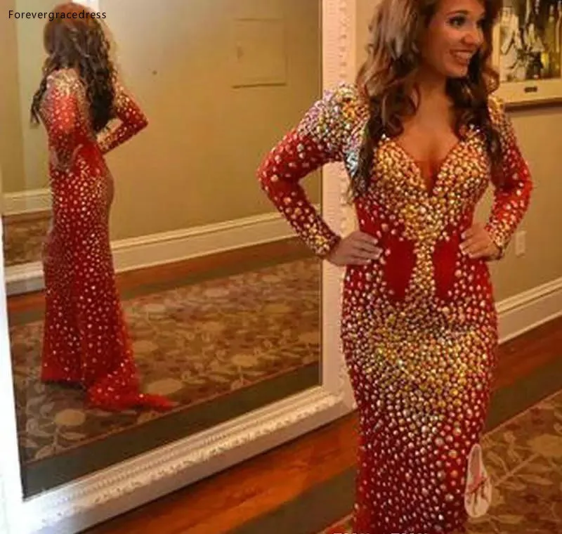 Long Sleeve Evening Dress Robe Longue Femme Soiree 2019 V Neck Luxurious Rhinestones Mermaid Long Prom Dresses  199 (2)