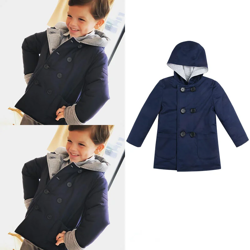 

Boys Wear 2018 Autumn and Winter New Real Wear Thick Warm Double-breasted Hooded Long Cotton Jacket