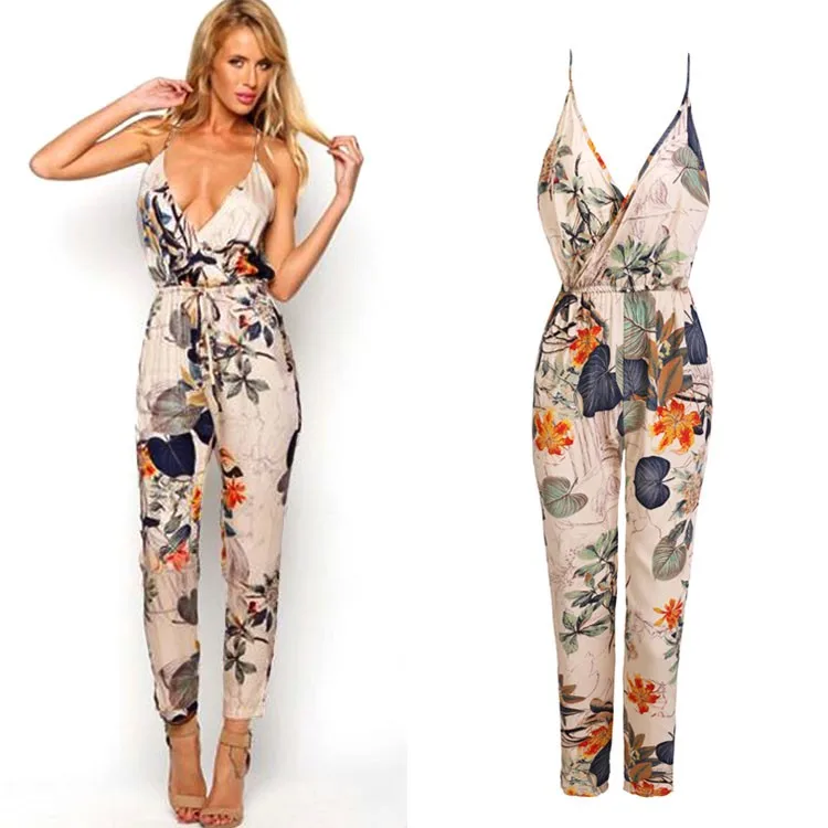 Backless Women Summer Jumpsuit Floral Print Rompers Womens