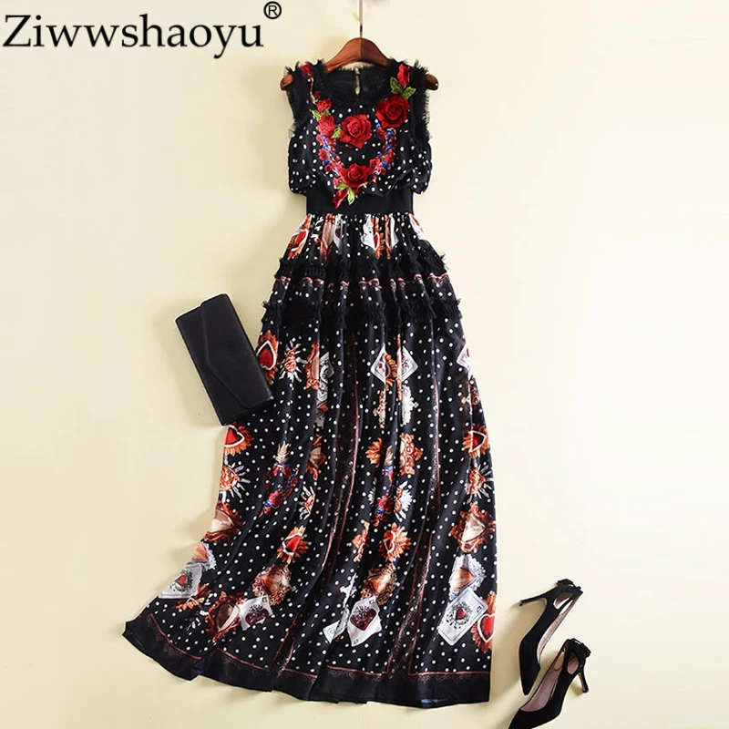

Ziwwshaoyu 2018 Designer Runway Maxi Dress Women's Sleeveless Flowers Embroidery Retro Dot Printed Patchwork Ruffles Long Dress