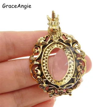 

2-3set Unicorn Cabochon Tray Base + glass cabochon demo flat back Making finding 25*18mm Unicorn Set Blank Tray Pendant 50*34mm