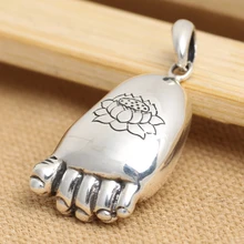 Handmade 925 pure silver Budda foot pendant vintage thai sterling silver lotus pendant women jewelry necklace