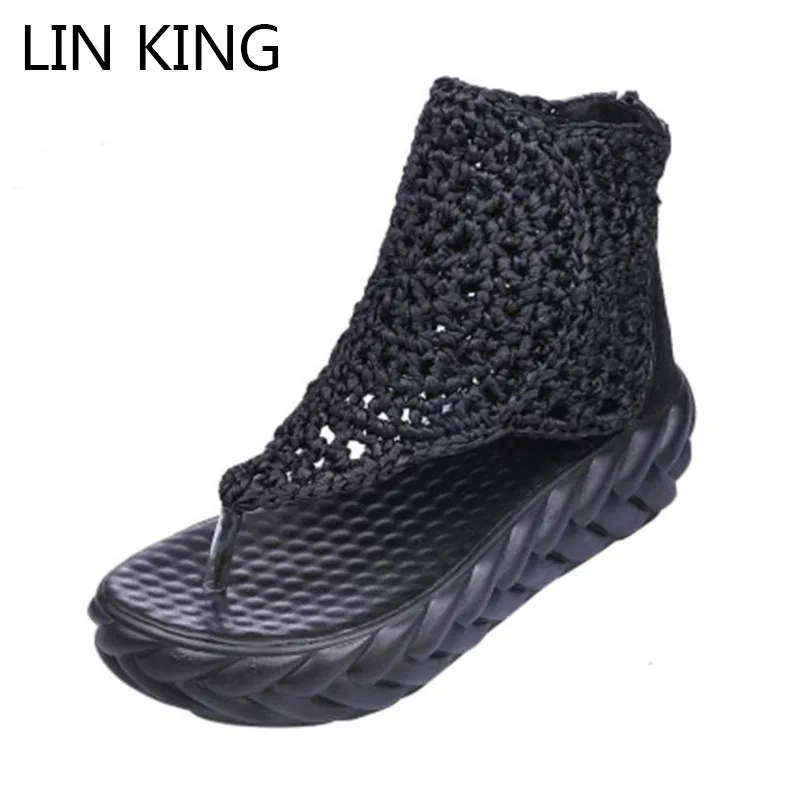 

LIN KING Vintage Women Gladiator Sandals Fashion Knit High Top Platform Shoes Anti Slip Summer Wedges Shoes Sandalias Femeninas