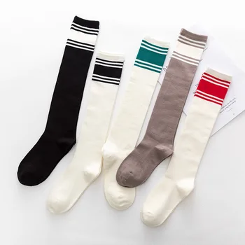 

PEONFLY Woman Printing Striped Novelty Casual Ventilation Cotton Knee Socks White Personality Street Hip Hop Female Socks Winter