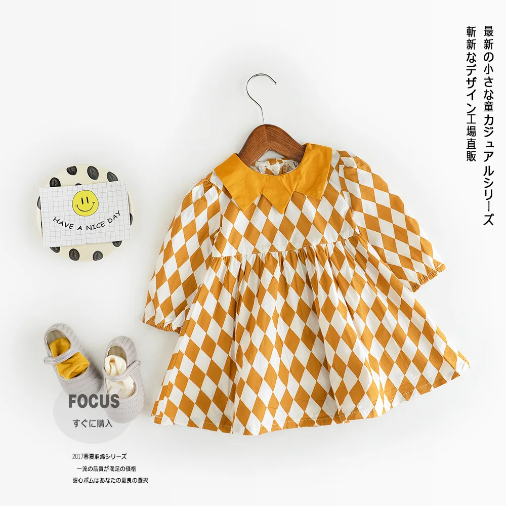 Обувь для девочек платье Весна повседневная, стильная одежда для маленьких девочек с длинным рукавом мультфильм печати плед платье партии Детская одежда кнопку назад От 0 до 4 лет